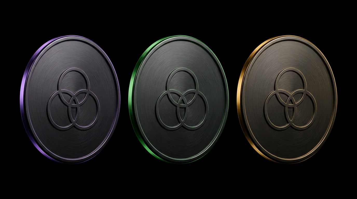 Three dark steel coins struck from one die, lit violet, green and gold